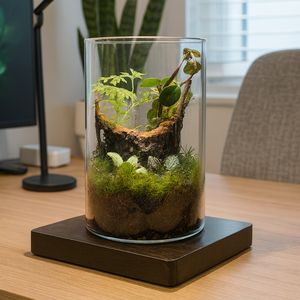 Glass terrarium with plants on a wooden desk