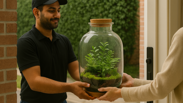 Man handing over a terrarium to another person outside a building. free delivery 